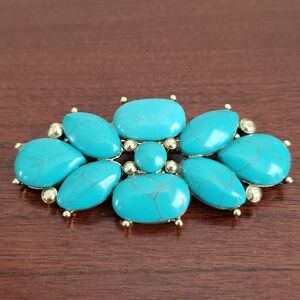 Vintage Monet Cyan Blue Turquiose Gold Brooch Signed Native American